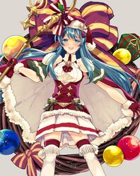  aqua_eyes aqua_hair bad_id bad_twitter_id blush bow box candle cape commentary_request dress eirika_(fire_emblem) eirika_(winter)_(fire_emblem) female fire_emblem fire_emblem:_the_sacred_stones fire_emblem_heroes fur_trim gift gift_box gloves hasebe_(17_feh) hat highres holding holding_staff long_hair open_mouth pom_pom_(clothes) red_gloves red_hat santa_costume santa_hat sleeveless sleeveless_dress solo staff thighhighs zettai_ryouiki 