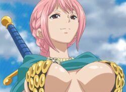  animated animated armor bikini_armor breasts cape dressrosa female female large_breasts one_piece pink_hair rebecca_(one_piece) screencap sky smile sword wind 