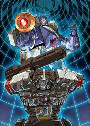  aiming arm_cannon cannon damaged decepticon emblem energy_gun galvatron hands_on_own_head looking_at_viewer makoto_ono mecha megatron no_humans robot science_fiction spoilers transformation transformers transformers:_generation_1 weapon 