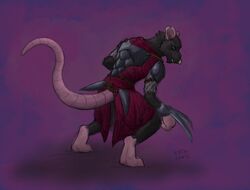  anthro armor assassin biped black_body black_fur claw_(weapon) clothed clothing ear_piercing fully_clothed fur hand_of_fate katai male mammal melee_weapon murid murine piercing pink_body pink_skin purple_background rat rat_king rodent rope simple_background smile solo standing weapon whiskers 