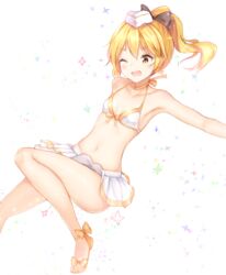  ;d alternate_hairstyle armpits bare_legs bare_shoulders bikini bikini_skirt black_bow blonde_hair blush bow breasts choker collarbone commentary_request earrings female front-tie_bikini_top front-tie_top garrison_cap hairbow hat high_ponytail highres hikaru_(houkago_no_pleiades) houkago_no_pleiades jewelry kiku_(ks5832) leg_up long_hair looking_away looking_down navel one_eye_closed open_mouth orange_bow orange_choker outstretched_arm ponytail ribbon_choker sandals shiny_skin short_eyebrows simple_background small_breasts smile solo sparkle star_(symbol) star_earrings stomach swimsuit thick_eyebrows white_background white_bikini white_hat yellow_eyes 