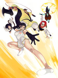  2girls 3boys axe bald bandana black_hair blue_skin china_dress chinese_clothes colored_skin commentary_request doujin_issei dress full_body giant_robo ginrei_(giant_robo) hamu_fukurou kicking long_hair mackintosh_rose monk multiple_boys multiple_girls short_hair staff taisou tetsugyu weapon youshi_(giant_robo) 