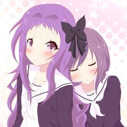  2girls blush bow closed_eyes commentary_request hair_ornament hair_ribbon hairbow hairclip hanayamata head_on_back leaning_on_person long_hair looking_at_viewer multiple_girls purple_eyes purple_hair ribbon sailor sasame_yaya sekiya_naru short_hair yasai_yuuki yuri 