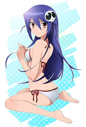  :/ annoyed ass back bad_id bad_pixiv_id bikini blue_background blue_hair blush breasts butt_crack closed_mouth daitabashi_kinu female fingers_together from_side frown full_body gradient_background hair_between_eyes hair_ornament halterneck hands_up haqua_d&#039;rot_herminium index_fingers_together kami_nomi_zo_shiru_sekai lens_flare long_hair looking_at_viewer looking_back orange_eyes parted_bangs polka_dot polka_dot_background side-tie_bikini_bottom sideboob sidelocks sitting skull_hair_ornament small_breasts soles solo straight_hair sweatdrop swimsuit v-shaped_eyebrows wariza white_bikini 