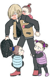  1boy 3girls backpack bag black_legwear blonde_hair blush brown_hair closed_eyes commentary_request eko_(3193233) green_eyes hair_bun hair_over_one_eye leg_lock multiple_girls nishigoori_axel nishigoori_loop nishigoori_lutz pantyhose photoshop_(medium) ponytail siblings single_hair_bun sisters skirt triplets twintails yuri!!!_on_ice yuri_plisetsky 