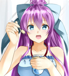  bare_shoulders blue_eyes blush breasts frills gradient gradient_background long_hair necklace open_mouth ponytail pudding purple_hair ribbon ryuugajou_nanana ryuugajou_nanana_no_maizoukin 