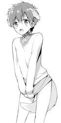  1boy aged_down animal_ears blush bottomless collar commentary_request dog_boy dog_ears dog_tail free! greyscale male_focus mo_(nmnme) monochrome open_mouth photoshop_(medium) simple_background solo sweater tachibana_makoto tail white_background 