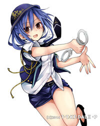  :d belt black_footwear black_necktie blue_hair blue_hat blue_shorts brown_eyes commentary_request cuffs date_a_live dress_shirt female floating_hair hair_between_eyes handcuffs hat hibiki_mio high_heels holding leg_up long_hair looking_at_viewer midriff mole mole_under_eye navel necktie open_mouth pumps shirt short_shorts short_sleeves shorts simple_background smile solo stomach swept_bangs takamiya_mana white_background white_shirt 