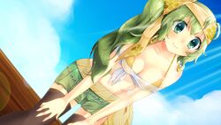  bikini blush chains cleavage game_cg green_hair headband long_hair navel sengoku_hime sengoku_hime_5 skirt swimsuit thighhighs wet zettai_ryouiki 