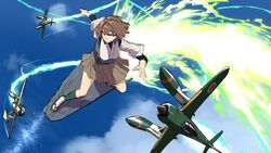  aircraft airplane blew_andwhite brown_eyes brown_hair cloud commentary_request contrail day e16a_zuiun eureka_seven eureka_seven_(series) female flight_deck flying highres hyuuga_(kancolle) japanese_clothes kantai_collection nontraditional_miko ocean sandals short_hair skirt sky sky_surfing skyboard smile undershirt 