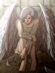  1boy angel angelo_sauper barefoot cabbage666 commentary_request gundam gundam_unicorn male_focus purple_eyes robe solo white_hair wings 