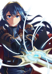  armor bad_id bad_pixiv_id blue_eyes blue_hair cape commentary_request dark_blue_hair female fire_emblem fire_emblem_awakening fire_emblem_heroes highres long_hair looking_at_viewer lucina_(brave_princess)_(fire_emblem) lucina_(fire_emblem) polearm smile solo spear sumire_l.a. tiara weapon 