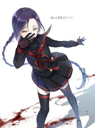  bell black_gloves blood braid chikujouin_magane commentary_request earrings ekita_kuro female gloves grin hair_bell hair_ornament highres jewelry long_hair purple_hair re:creators school_uniform serafuku sharp_teeth simple_background single_braid skirt smile solo teeth thighhighs torii_earrings white_background 