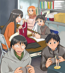  2boys 3girls angry arguing black_eyes black_hair blush book breasts clenched_hand clubroom commentary_request controller costume drawing embarrassed game_controller genshiken glasses kasukabe_saki long_hair looking_at_viewer madarame_harunobu magazine_(object) md5_mismatch multiple_boys multiple_girls nikaido_(error404) notebook ogiue_chika ohno_kanako open_mouth orange_hair otaku pen playing reading sasahara_kanji smile sweatdrop swimsuit topknot toy 