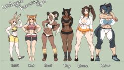  2016 5_fingers 5_toes abs animal_humanoid anklet athletic biceps big_breasts biped black_clothing black_eyes black_hair blonde_hair blue_clothing blue_eyes blue_hair bottomwear bovid bovid_humanoid bovine bovine_humanoid bra breast_size_difference breasts brown_body brown_eyes brown_hair brown_skin canid canid_humanoid canine canine_humanoid canis caprine caprine_humanoid cat_humanoid cattle_humanoid chart cleavage clothed clothing crossed_arms curved_horn curvy_figure dark_body dark_skin digital_media_(artwork) dipstick_ears dog_humanoid domestic_cat domestic_dog ear_markings english_text equid equid_humanoid equine equine_humanoid eyelashes feet felid felid_humanoid feline feline_humanoid felis female fingers fist flexing footwear front_view frown grey_background grey_horn group guide_lines hair half-closed_eyes hand_on_hip height_chart hoodie horizontal_pupils horn huge_breasts humanoid humanoid_feet humanoid_hands inner_ear_fluff jacket japanese jewelry lagomorph lagomorph_humanoid leg_warmers leggings legwear leporid_humanoid light_body light_skin long_hair looking_at_viewer looking_away mammal mammal_humanoid medium_breasts midriff multicolored_clothing multicolored_ears multicolored_hair muscular muscular_female muscular_thighs narrowed_eyes navel on_one_leg open_clothing open_jacket open_mouth open_smile open_topwear orange_clothing orange_eyes orange_hair pale_skin plantigrade ponytail pulling_(disambiguation) pupils rabbit_humanoid red_clothing red_eyes ryo_agawa sheep sheep_humanoid shoes short_hair shorts simple_background size_difference small_breasts small_waist smile sneakers species_name sports_bra standing stretching tan_body tan_skin text thigh_gap toes topwear tuft two_tone_clothing two_tone_hair underwear url voluptuous watermark white_clothing white_hair yellow_clothing yellow_eyes 