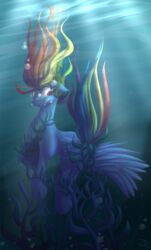  2015 blue_body blue_feathers blue_fur equid equine falleninthedark feathered_wings feathers female feral friendship_is_magic fur hair hasbro hi_res lagoon mammal multicolored_hair my_little_pony mythological_creature mythological_equine mythology pegasus rainbow_dash_(mlp) rainbow_hair solo stuck underwater water wings 