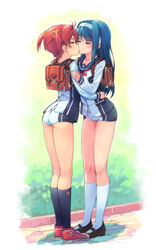  2girls ass backpack bag black_hair black_legwear blush briefcase closed_eyes commentary_request couple futaba_aoi_(vividred_operation) hairband highres isshiki_akane kissing kneehighs kneepits legs long_hair mary_janes michairu multiple_girls national_shin_ooshima_school_uniform randoseru red_hair school_bag school_briefcase school_uniform scrunchie shoes short_hair short_shorts shorts socks standing twintails vividred_operation white_background white_socks yuri 