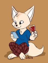  2018 aggretsuko ambiguous_gender anthro biped canid canine cellphone clothed clothing container cup digital_media_(artwork) drinking_glass electronics fennec_fox fenneko fox fur glass glass_container glass_cup inuhein mammal phone sanrio simple_background sitting solo true_fox wine_glass 