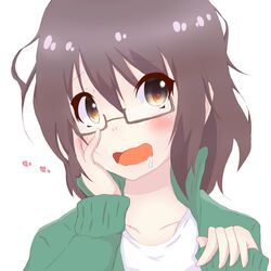  absurdres blush brown_eyes brown_hair commentary_request female genderswap_(mtf) glasses hand_on_own_face heart heart-shaped_pupils highres original rule_63 saliva shirt short_hair sleeves_past_wrists solo sweater symbol-shaped_pupils t-shirt yasai_yuuki 