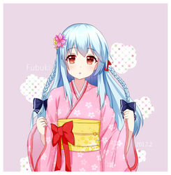  arms_up blue_bow blue_hair bow braid character_name commentary_request female floral_print flower fubuki_(warship_girls_r) hair_flower hair_ornament hairbow highres japanese_clothes kimono long_hair looking_at_viewer obi open_mouth pinching_sleeves pink_kimono red_bow red_eyes sash simple_background solo tsukimiya_yuuko warship_girls_r wide_sleeves 