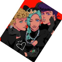  2boys beads black_dress black_gloves black_hair blonde_hair blue_eyes braid cleavage_cutout clothing_cutout commentary_request crown diamond_(gemstone) diamond_wa_kudakenai double_bun dress earrings female gem giorno_giovanna gloves green_eyes green_hair hair_bun higashikata_josuke jewelry jojo_no_kimyou_na_bouken kujo_jolyne mandaman multicolored_hair multiple_boys necklace one_eye_closed pompadour purple_eyes purple_hair smile stone_ocean two-tone_hair vento_aureo 