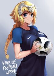  2018_fifa_world_cup adidas alternate_costume ball blonde_hair blue_eyes blue_shirt braid breasts collar collarbone commentary fate/apocrypha fate_(series) female france headpiece jeanne_d&#039;arc_(fate) jeanne_d&#039;arc_(ruler)_(fate) jersey large_breasts long_braid long_hair lulu-chan92 nike_(company) shiny shirt short_sleeves single_braid smile soccer soccer_ball soccer_uniform solo sportswear t-shirt telstar_18 translated world_cup 