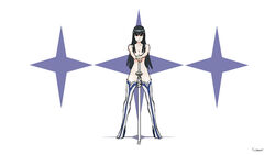  black_hair blue_eyes boots breasts censored cleavage convenient_censoring darren_geers female full_body hair_ornament hairclip katana kill_la_kill kiryuuin_satsuki long_hair nude sheath sheathed solo standing sword thigh_boots thighhighs weapon 