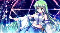  blouse breasts commentary_request detached_sleeves female frog_hair_ornament green_eyes green_hair hair_ornament hair_tubes highres kochiya_sanae kuze_matsuri long_hair medium_breasts ofuda pentagram shirt skirt snake_hair_ornament solo touhou 