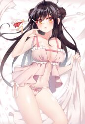  ahoge ara_haan babydoll bad_id bad_pixiv_id bare_shoulders black_hair blanket blanket_(kkbjah) bow bow_panties breasts cleavage collarbone double_bun elsword female frills hair_between_eyes hair_bun hair_ornament hair_stick hairclip highres holding lace lace-trimmed_panties lace_trim large_breasts lingerie long_hair looking_at_viewer lying navel on_back on_bed panties parted_lips pink_bow pink_panties pinky_out shiny_skin side-tie_panties solo stomach underwear untied yellow_eyes 