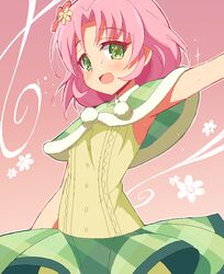  9law aikatsu! aikatsu!_(series) bad_id bad_pixiv_id blush female flower green_eyes hair_flower hair_ornament kitaoji_sakura looking_at_viewer oekaki open_mouth pink_background pink_hair short_hair smile solo 