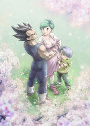  2boys absurdres ass bad_id bad_pixiv_id black_hair blue_eyes breasts bulma_briefs cherry_blossoms cleavage collarbone commentary_request dragon_ball dragon_ball_super dress earrings eye_contact family female from_above grass green_eyes green_hair hand_on_another&#039;s_stomach highres hood hoodie jewelry lolicon looking_at_another looking_up multiple_boys outdoors photoshop_(medium) pregnant shawl shoes short_hair signature sneakers spiked_hair spring_(season) straight stud_earrings thick_thighs thighs trunks_(dragon_ball) uirina vegeta 