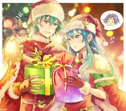  1boy aqua_eyes aqua_hair artist_name box brother_and_sister cape commentary_request earrings eirika_(fire_emblem) eirika_(winter)_(fire_emblem) ephraim_(fire_emblem) ephraim_(winter)_(fire_emblem) female fire_emblem fire_emblem:_the_sacred_stones fire_emblem_heroes fur_trim gift gift_bag gift_box gloves hat jewelry long_hair long_sleeves lyon_(fire_emblem) okii parted_lips pom_pom_(clothes) protected_link red_gloves red_hat santa_costume santa_hat short_hair siblings 