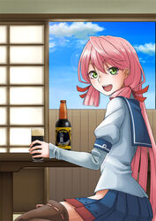  akashi_(kancolle) alcohol bad_id bad_pixiv_id beer blush cloud commentary_request day female green_eyes hair_between_eyes hair_ribbon hip_vent kantai_collection lens_flare long_hair looking_at_viewer open_mouth photoshop_(medium) pink_hair ribbon rurie_(lourie) school_uniform serafuku skirt sky smile solo thighhighs tress_ribbon 