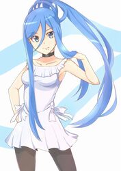  aoki_hagane_no_arpeggio black_pantyhose blue_eyes blue_hair breasts choker commentary_request dress female hair_between_eyes hand_on_own_hip long_hair medium_breasts mole mole_under_mouth pantyhose personification ponytail simple_background solo takao_(aoki_hagane_no_arpeggio) very_long_hair white_background white_dress yagara_(kishimen_f) 