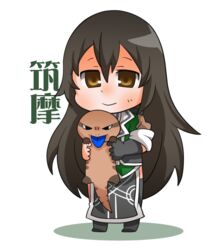  animal black_gloves black_thighhighs blue-tongued_skink blush brown_eyes brown_hair chibi chikuma_(kancolle) closed_mouth commentary_request elbow_gloves female full_body gloves gurageida hair_between_eyes holding holding_animal kantai_collection lizard long_hair long_sleeves looking_at_viewer pelvic_curtain shadow single_elbow_glove single_glove sleeves_pushed_up smile solo standing thighhighs very_long_hair white_background 