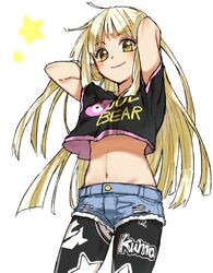  arms_up bang_dream! black_pantyhose black_shirt blonde_hair blush clothes_writing commentary_request cowboy_shot crop_top cutoffs denim denim_shorts female groin hands_in_hair komiya_harumoto long_hair looking_at_viewer midriff navel pantyhose pantyhose_under_shorts print_pantyhose shirt shorts simple_background smile solo star_(symbol) star_print t-shirt torn_clothes torn_shorts tsurumaki_kokoro white_background yellow_eyes 