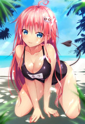  ahoge all_fours bad_id bad_pixiv_id bare_legs bare_shoulders beach black_one-piece_swimsuit blue_eyes blush breasts cleavage day demon_tail female fingernails hair_ornament highres lala_satalin_deviluke large_breasts lips long_hair looking_at_viewer name_tag ocean one-piece_swimsuit outdoors photoshop_(medium) pink_hair school_swimsuit shokuyou_mogura smile solo swimsuit tail to_love-ru wet 