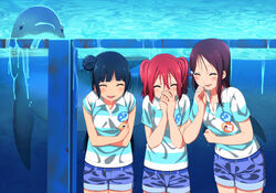  3girls bad_id bad_pixiv_id belt black_hair blush clenched_hand closed_eyes collared_shirt covering_own_mouth dolphin hair_bun hair_ornament hairclip inuzuka_bouru koi_ni_naritai_aquarium kurosawa_ruby laughing long_hair love_live! love_live!_sunshine!! multiple_girls name_tag open_mouth polo_shirt purple_hair red_hair sakurauchi_riko shirt short_shorts short_sleeves shorts single_hair_bun striped_clothes striped_shirt tsushima_yoshiko twintails water wet wing_collar 