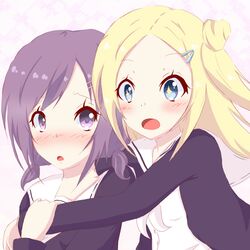  2girls blonde_hair blue_eyes blush commentary_request hair_bun hair_ornament hairclip hana_n._fountainstand hanayamata hug hug_from_behind long_hair multiple_girls open_mouth purple_eyes purple_hair sailor school_uniform sekiya_naru short_hair short_twintails single_hair_bun symbol-shaped_pupils twintails yasai_yuuki yuri 