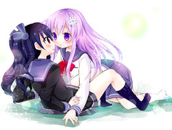  2girls black_hair blue_hair blush d-pad full_body gekijigen__blanc_+_neptune_vs_zombie_gundan hair_ornament long_hair looking_at_another multiple_girls nepgear neptune_(series) open_mouth purple_eyes red_eyes ribbon school_uniform uni_(choujigen_game_neptune) 