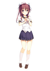  ahoge blush commentary_request female hair_ribbon hatsu_(first_snow) interlocked_fingers kneehighs looking_at_viewer original own_hands_clasped own_hands_together pleated_skirt purple_eyes purple_hair ribbon school_uniform simple_background skirt smile socks solo white_background white_socks 