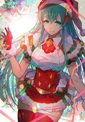  aqua_eyes aqua_hair christmas_ornaments closed_mouth commentary_request dress eirika_(fire_emblem) eirika_(winter)_(fire_emblem) female fire_emblem fire_emblem:_the_sacred_stones fire_emblem_heroes fur_trim gloves hat highres kariya_(mizore) long_hair photoshop_(medium) pom_pom_(clothes) red_gloves red_hat santa_costume santa_hat sleeveless sleeveless_dress smile solo thighhighs zettai_ryouiki 