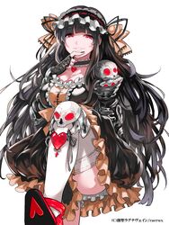  black_hair breasts cleavage commentary_request dress female fingerless_gloves gj gloves gothic_lolita hairband heart large_breasts lolita_fashion lolita_hairband long_hair nail_polish official_art red_eyes ribbon skull solo sousei_ragnavein thighhighs very_long_hair zettai_ryouiki 