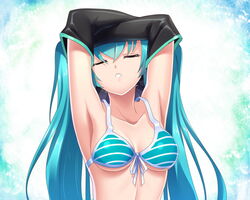  aqua_bikini aqua_hair armpits arms_up bad_id bad_pixiv_id bikini bikini_top_only black_sleeves closed_eyes cybercat detached_sleeves female hatsune_miku long_hair solo striped_bikini striped_clothes swimsuit twintails very_long_hair vocaloid 