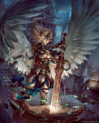  armor blonde_hair brazier breasts buckle cleavage commentary energy fantasy faulds feathered_wings female fire floating_hair gauntlets greaves headpiece holding holding_sword holding_weapon indoors large_breasts leaf legs_apart lips long_hair original pale_skin pauldrons pelvic_curtain pillar realistic shoulder_armor solo spread_wings standing stone_floor sword thigh_strap watermark weapon web_address white_wings wind wings yu_cheng_hong 