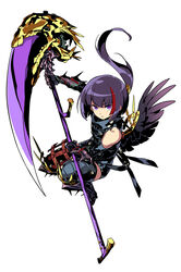  1boy black_hair boots elbow_gloves expressionless floating_hair full_body gloves highres himukai_yuuji holding long_hair looking_at_viewer male_focus multicolored_hair official_art photoshop_(medium) ponytail purple_hair reaper_(sekaiju) reaper_1_(sekaiju) red_hair scythe sekaiju_no_meikyuu sekaiju_no_meikyuu_5 simple_background solo streaked_hair thigh_boots thighhighs white_background wings 