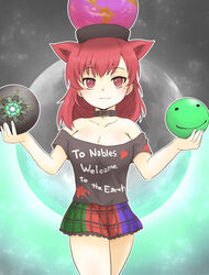  animal_ears armored_core armored_core:_for_answer bare_shoulders breasts cat_ears cleavage clothes_writing collar collarbone commentary_request earth_(ornament) female hecatia_lapislazuli highres kemonomimi_mode large_breasts miniskirt multicolored_clothes multicolored_skirt off-shoulder_shirt off_shoulder parody red_eyes red_hair shirt skirt solo toto_(hitori_othello) touhou 