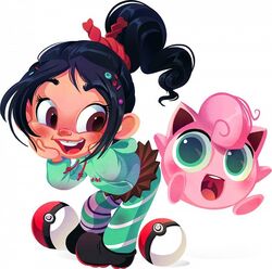  black_hair blue_eyes blush brown_eyes crossover disney duo female feral generation_1_pokemon hair jigglypuff kuitsuku nintendo pokemon pokemon_(species) ponytail simple_background vanellope_von_schweetz waddling_head white_background wreck-it_ralph 