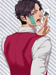  1boy ace_(playing_card) ace_of_spades black_hair card commentary_request daniel_j._d&#039;arby facial_hair jojo_no_kimyou_na_bouken long_sleeves male_focus moustache parted_lips playing_card red_vest sanako_(tsubakiiro) shirt short_hair solo spade_(shape) stardust_crusaders striped striped_background tattoo vest white_shirt 