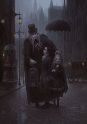  2boys 2girls absurdres architecture arms_at_sides ascot back black_dress black_eyes black_footwear black_hair black_hat black_jacket black_pants blonde_hair bloodborne boots brown_hair buttons cage capelet carriage cathedral character_request checkered church city cloak closed_eyes commentary dark doll dress english_commentary full_body gloves goth_fashion gothic_architecture hat highres holding holding_doll holding_hands holding_umbrella jacket lace_trim lantern leaning_forward lolicon long_hair long_sleeves looking_at_another multiple_boys multiple_girls neck_ribbon neck_ruff outdoors pants pantyhose pavement photoshop_(medium) plain_doll rain ribbon road shoes signature smile standing street striped_clothes striped_pantyhose suitcase top_hat umbrella victorian walking white_gloves white_hair yharnam zhoujialin 